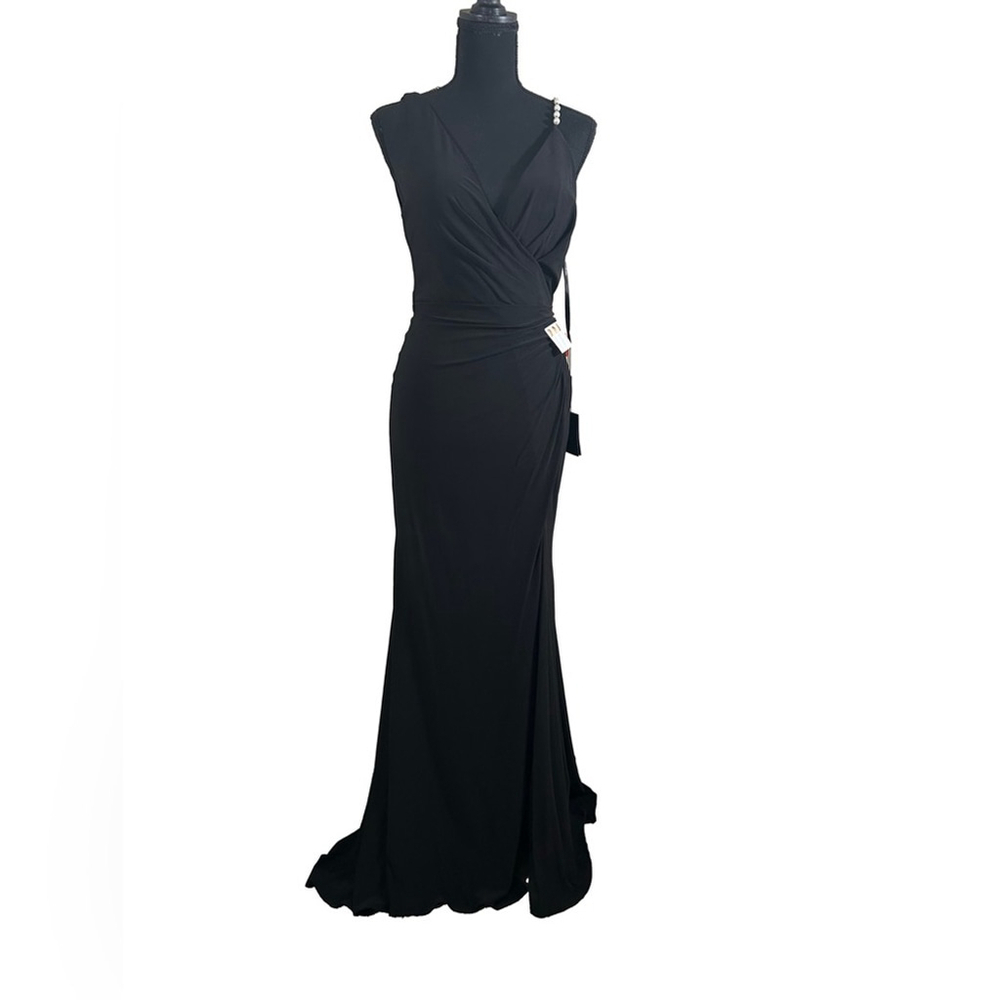 NWT Ieena for Mac Duggal Faux Wrap Rhinestone Strap Gown Black Size 2